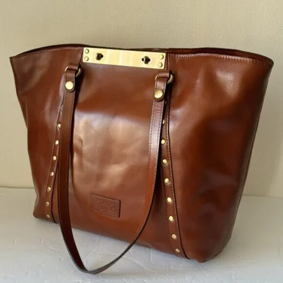 Patricia Nash Benvenuto LeatherStud Shoulder Handbag Tan Brown Shoulder Bags